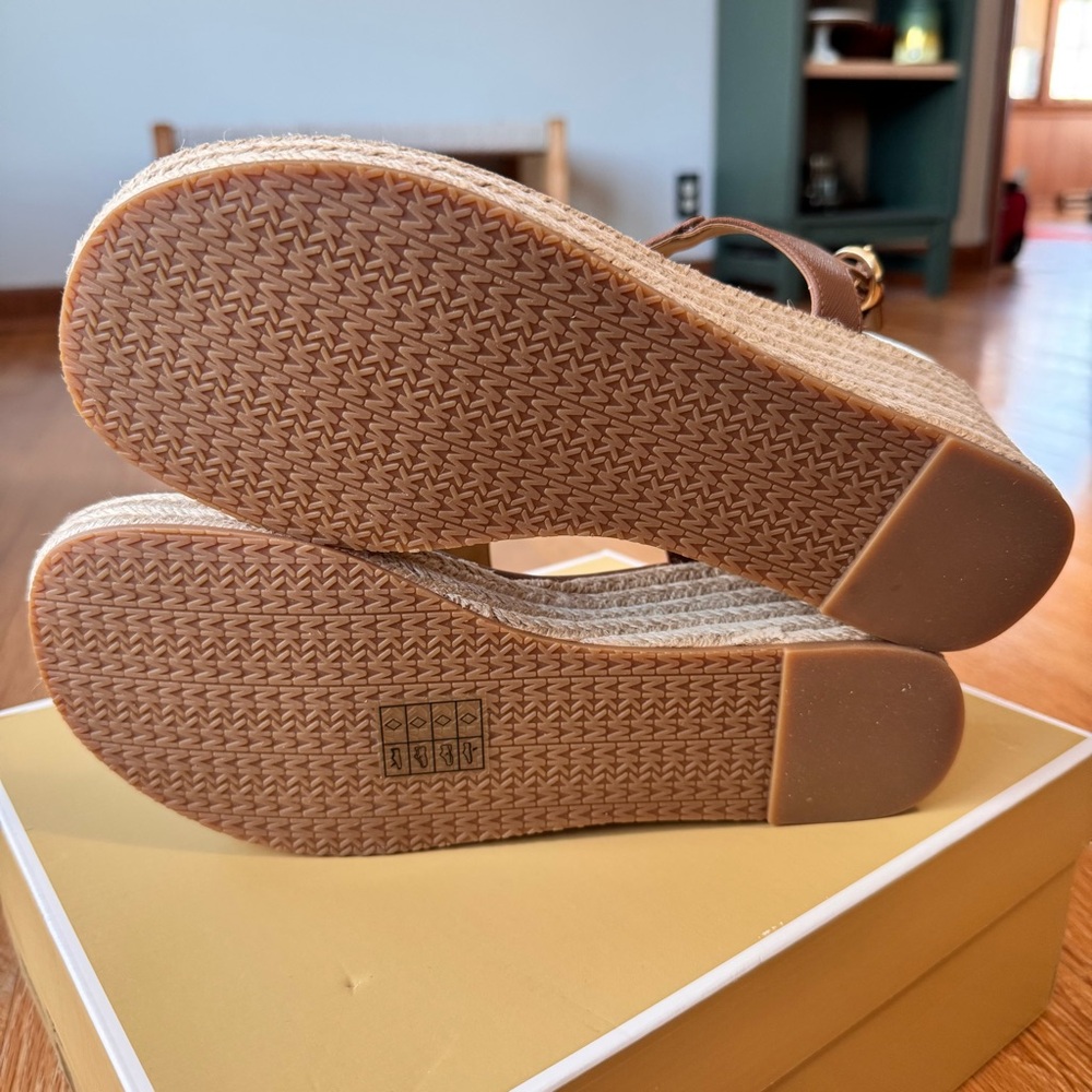 Michael Kors Brown Leather Espadrille Wedge Sandals with Gold Logo - Picture 6 of 9